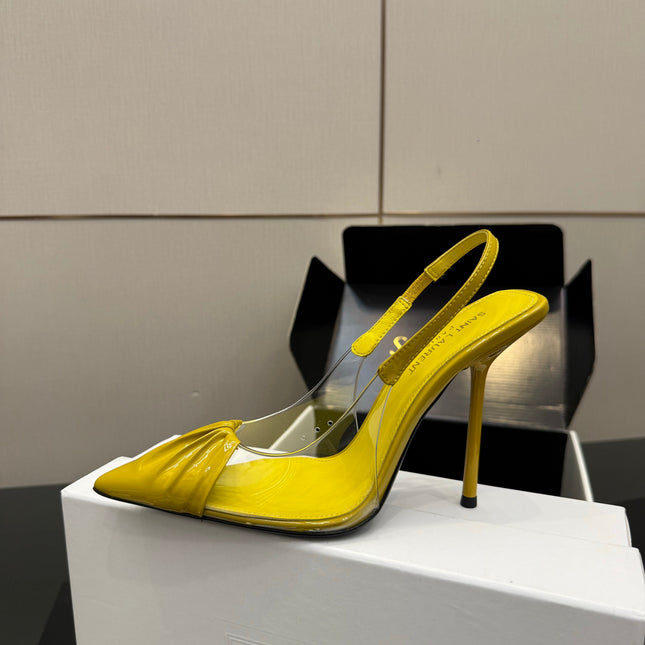 YSL 26S PLEATED SLINGBACK HEELS 105 MM IN YELLOW GLOSSY CALFSKIN AND PVC