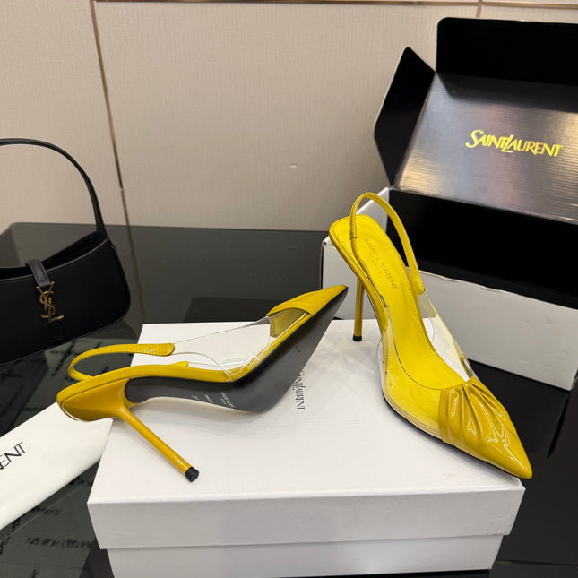 YSL 26S PLEATED SLINGBACK HEELS 105 MM IN YELLOW GLOSSY CALFSKIN AND PVC