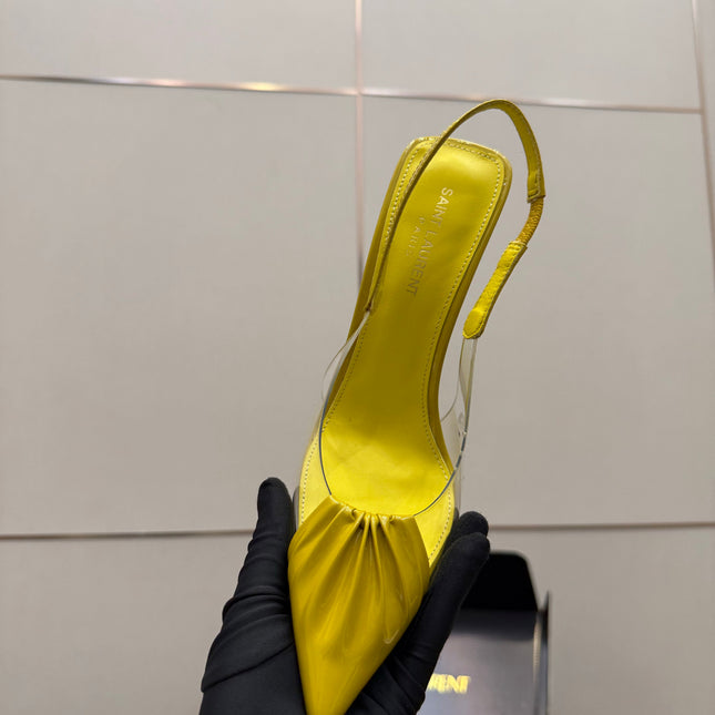 YSL 26S PLEATED SLINGBACK HEELS 105 MM IN YELLOW GLOSSY CALFSKIN AND PVC