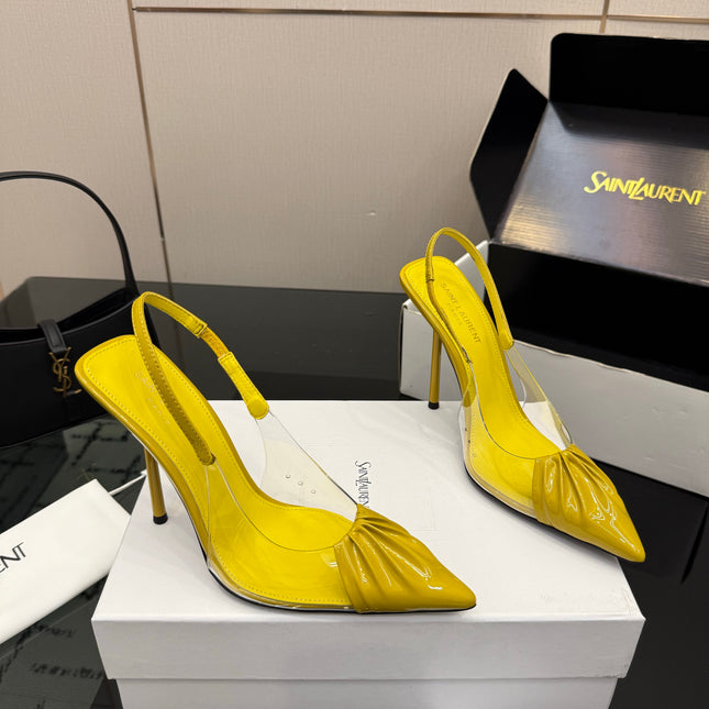 YSL 26S PLEATED SLINGBACK HEELS 105 MM IN YELLOW GLOSSY CALFSKIN AND PVC