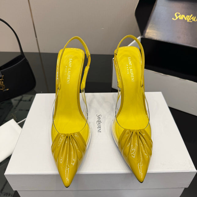YSL 26S PLEATED SLINGBACK HEELS 105 MM IN YELLOW GLOSSY CALFSKIN AND PVC