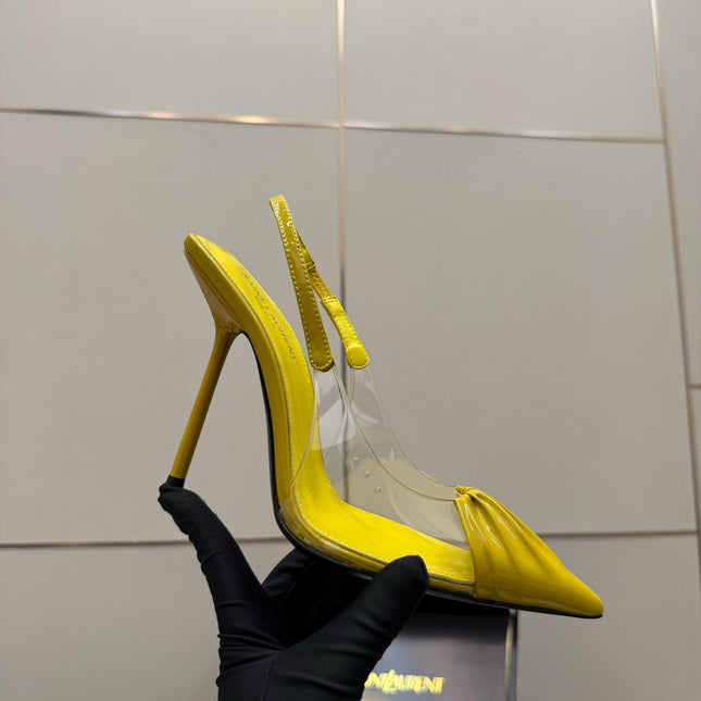 YSL 26S PLEATED SLINGBACK HEELS 105 MM IN YELLOW GLOSSY CALFSKIN AND PVC