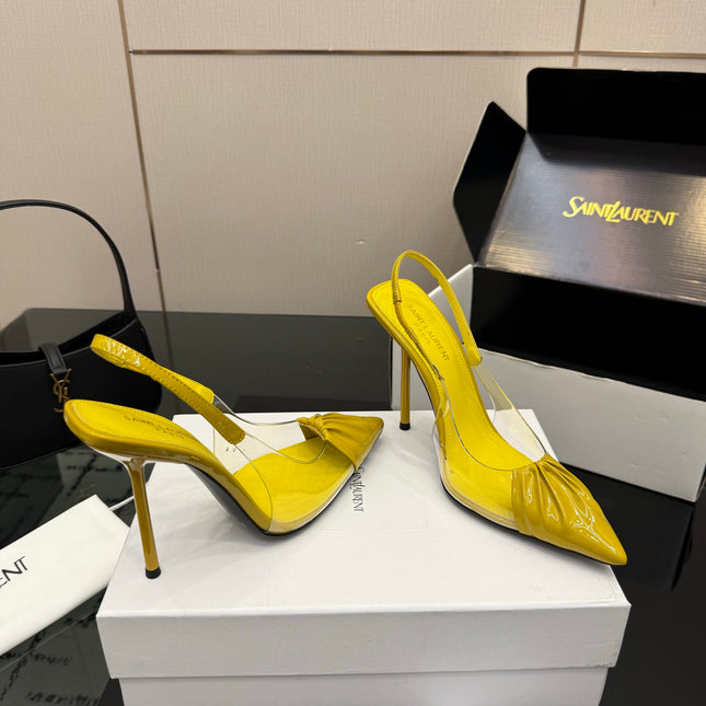 YSL 26S PLEATED SLINGBACK HEELS 105 MM IN YELLOW GLOSSY CALFSKIN AND PVC
