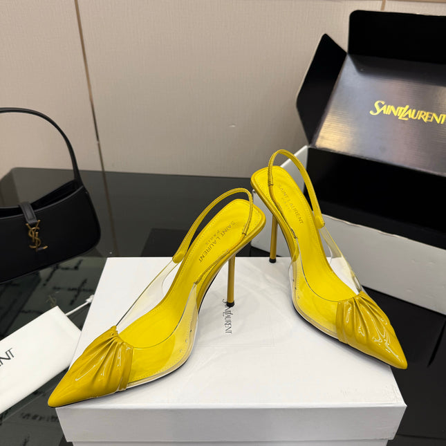 YSL 26S PLEATED SLINGBACK HEELS 105 MM IN YELLOW GLOSSY CALFSKIN AND PVC