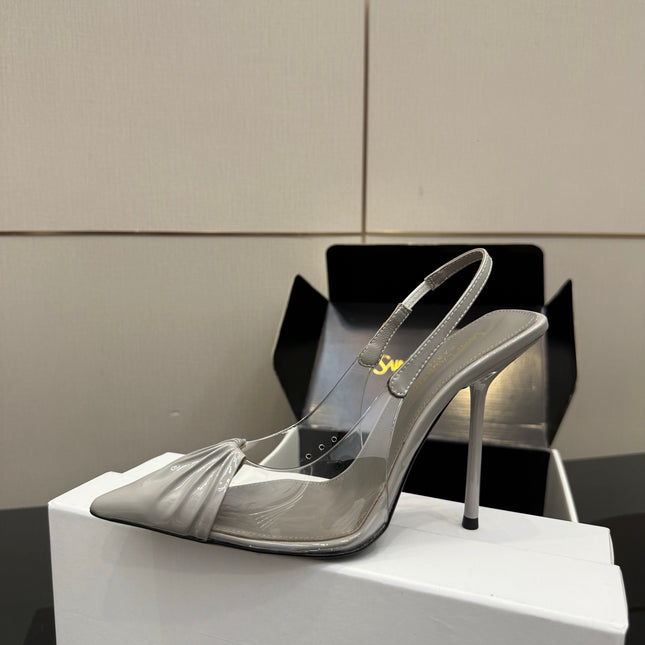 YSL 26S PLEATED SLINGBACK HEELS 105 MM IN GREY GLOSSY CALFSKIN AND PVC