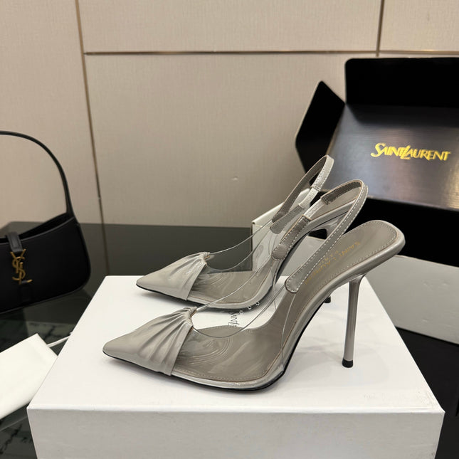 YSL 26S PLEATED SLINGBACK HEELS 105 MM IN GREY GLOSSY CALFSKIN AND PVC
