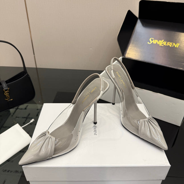 YSL 26S PLEATED SLINGBACK HEELS 105 MM IN GREY GLOSSY CALFSKIN AND PVC