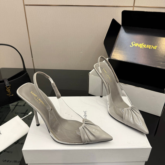 YSL 26S PLEATED SLINGBACK HEELS 105 MM IN GREY GLOSSY CALFSKIN AND PVC