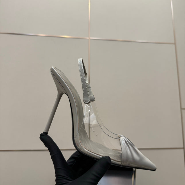 YSL 26S PLEATED SLINGBACK HEELS 105 MM IN GREY GLOSSY CALFSKIN AND PVC