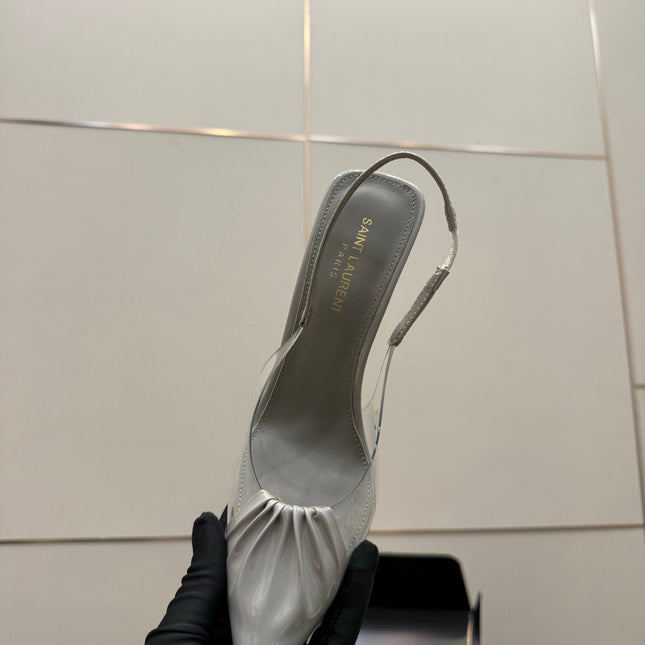 YSL 26S PLEATED SLINGBACK HEELS 105 MM IN GREY GLOSSY CALFSKIN AND PVC