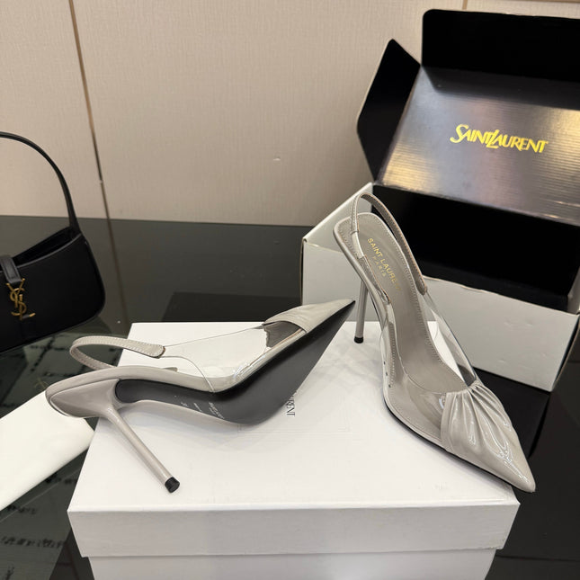 YSL 26S PLEATED SLINGBACK HEELS 105 MM IN GREY GLOSSY CALFSKIN AND PVC