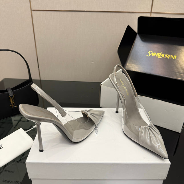 YSL 26S PLEATED SLINGBACK HEELS 105 MM IN GREY GLOSSY CALFSKIN AND PVC