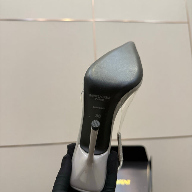 YSL 26S PLEATED SLINGBACK HEELS 105 MM IN GREY GLOSSY CALFSKIN AND PVC