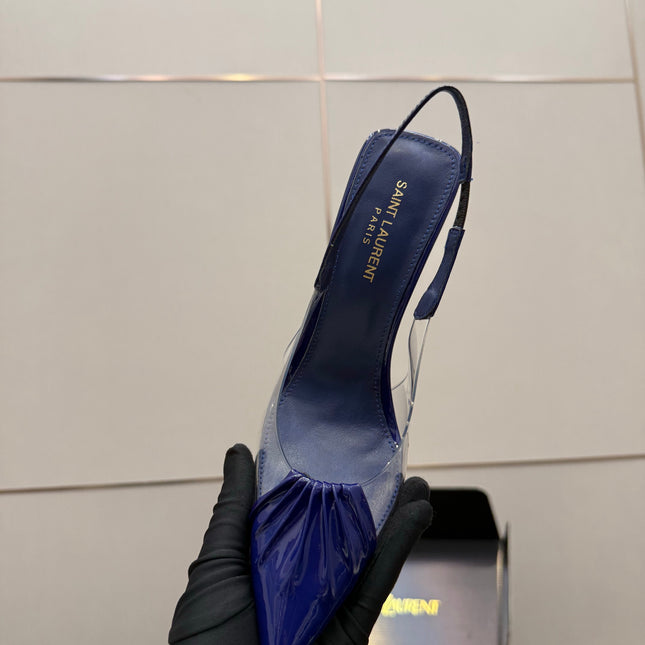 YSL 26S PLEATED SLINGBACK HEELS 105 MM IN NAVY BLUE GLOSSY CALFSKIN AND PVC