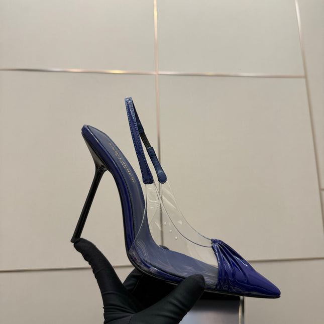 YSL 26S PLEATED SLINGBACK HEELS 105 MM IN NAVY BLUE GLOSSY CALFSKIN AND PVC