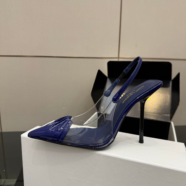 YSL 26S PLEATED SLINGBACK HEELS 105 MM IN NAVY BLUE GLOSSY CALFSKIN AND PVC