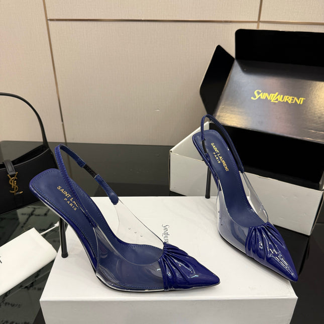 YSL 26S PLEATED SLINGBACK HEELS 105 MM IN NAVY BLUE GLOSSY CALFSKIN AND PVC