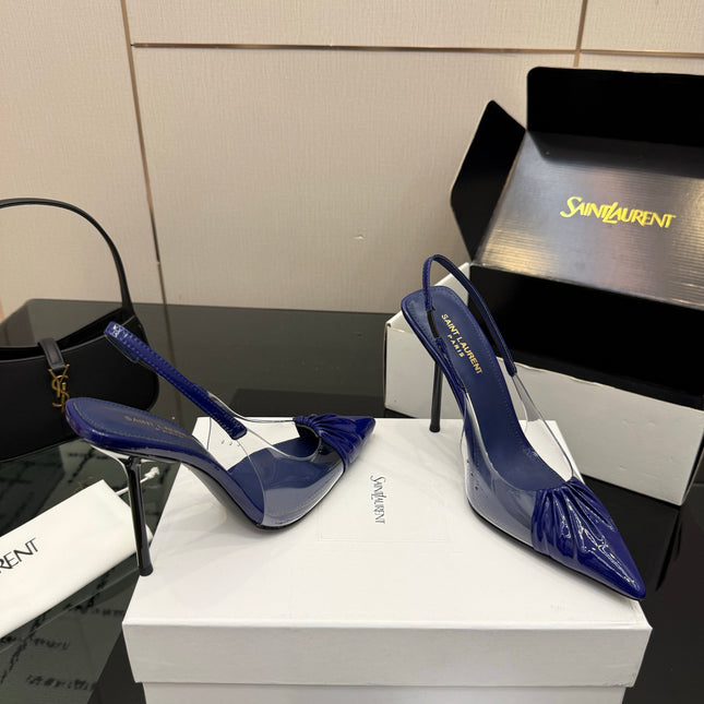 YSL 26S PLEATED SLINGBACK HEELS 105 MM IN NAVY BLUE GLOSSY CALFSKIN AND PVC