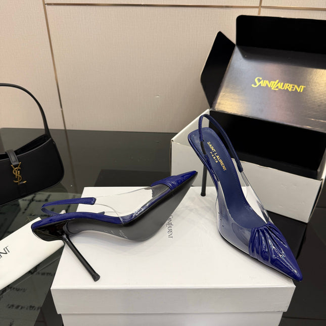 YSL 26S PLEATED SLINGBACK HEELS 105 MM IN NAVY BLUE GLOSSY CALFSKIN AND PVC