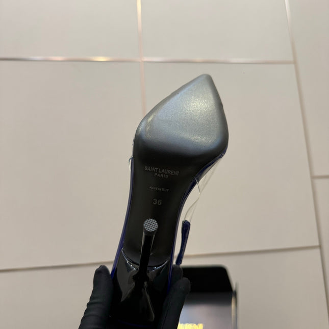 YSL 26S PLEATED SLINGBACK HEELS 105 MM IN NAVY BLUE GLOSSY CALFSKIN AND PVC