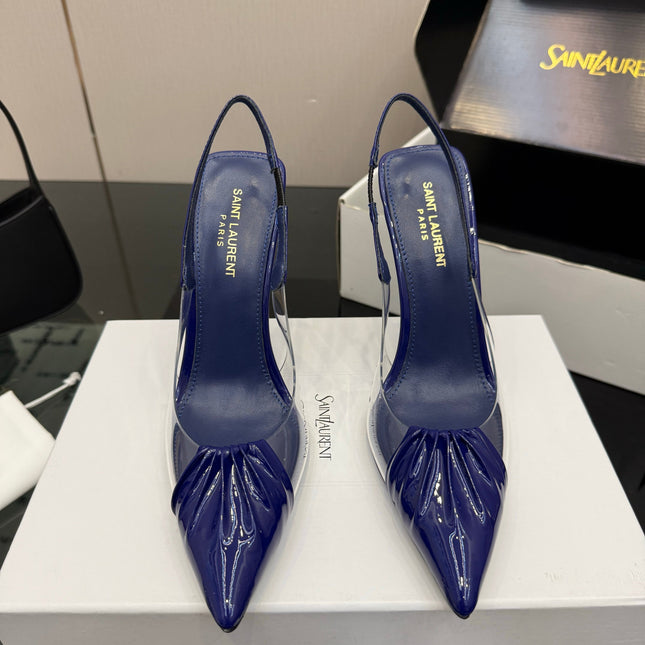 YSL 26S PLEATED SLINGBACK HEELS 105 MM IN NAVY BLUE GLOSSY CALFSKIN AND PVC