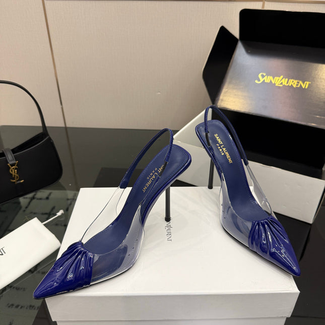 YSL 26S PLEATED SLINGBACK HEELS 105 MM IN NAVY BLUE GLOSSY CALFSKIN AND PVC