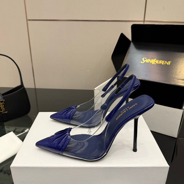 YSL 26S PLEATED SLINGBACK HEELS 105 MM IN NAVY BLUE GLOSSY CALFSKIN AND PVC