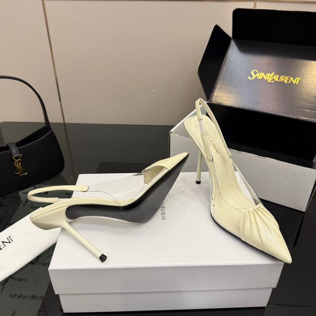 YSL 26S PLEATED SLINGBACK HEELS 105 MM IN CREAM WHITE GLOSSY CALFSKIN AND PVC