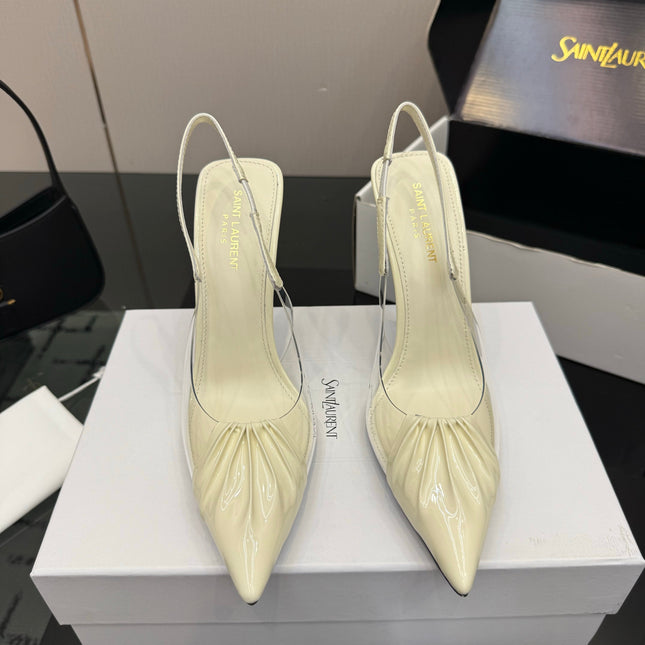 YSL 26S PLEATED SLINGBACK HEELS 105 MM IN CREAM WHITE GLOSSY CALFSKIN AND PVC