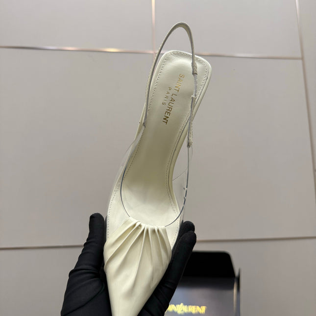 YSL 26S PLEATED SLINGBACK HEELS 105 MM IN CREAM WHITE GLOSSY CALFSKIN AND PVC