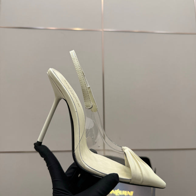YSL 26S PLEATED SLINGBACK HEELS 105 MM IN CREAM WHITE GLOSSY CALFSKIN AND PVC