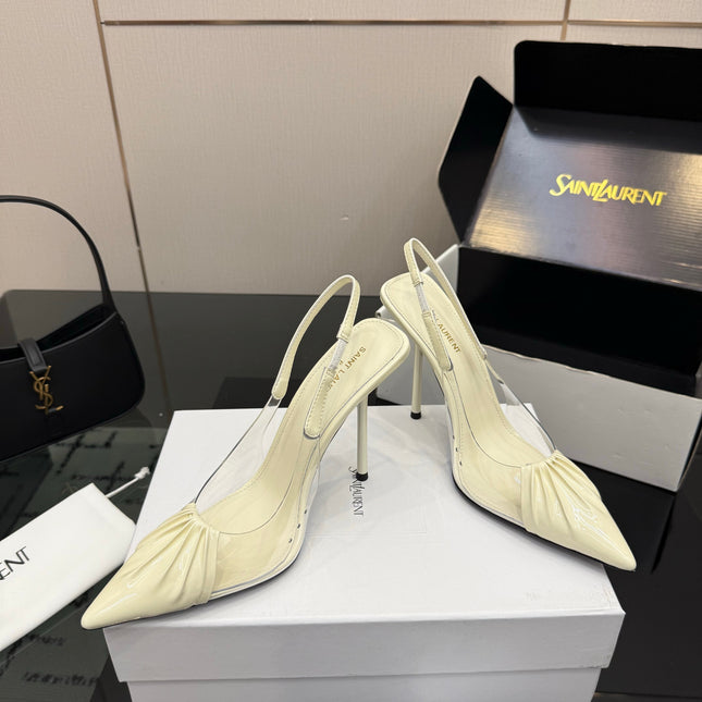 YSL 26S PLEATED SLINGBACK HEELS 105 MM IN CREAM WHITE GLOSSY CALFSKIN AND PVC