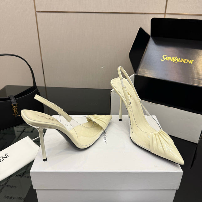 YSL 26S PLEATED SLINGBACK HEELS 105 MM IN CREAM WHITE GLOSSY CALFSKIN AND PVC