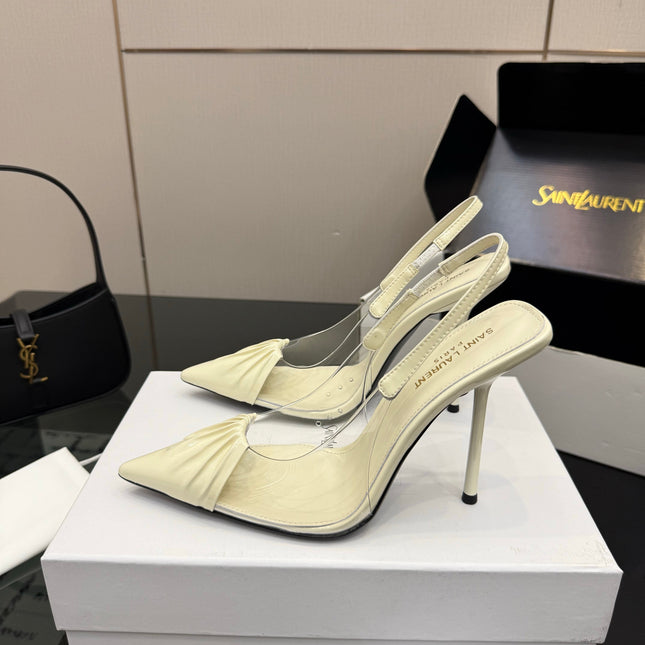 YSL 26S PLEATED SLINGBACK HEELS 105 MM IN CREAM WHITE GLOSSY CALFSKIN AND PVC
