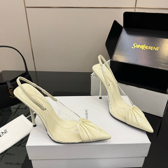 YSL 26S PLEATED SLINGBACK HEELS 105 MM IN CREAM WHITE GLOSSY CALFSKIN AND PVC