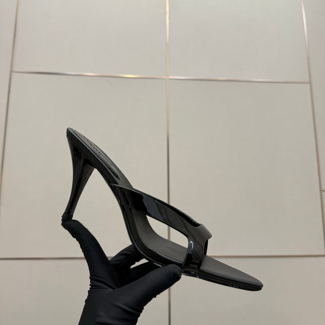 YSL 26S POINTED-TOE SANDALS 90 MM IN BLACK CALFSKIN