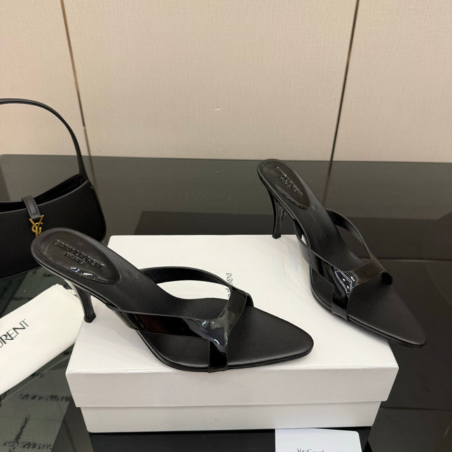 YSL 26S POINTED-TOE SANDALS 90 MM IN BLACK CALFSKIN