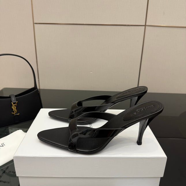 YSL 26S POINTED-TOE SANDALS 90 MM IN BLACK CALFSKIN