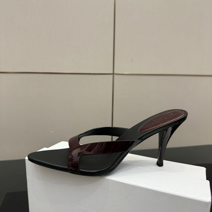 YSL 26S POINTED-TOE SANDALS 90 MM IN DARK RED AND BLACK CALFSKIN