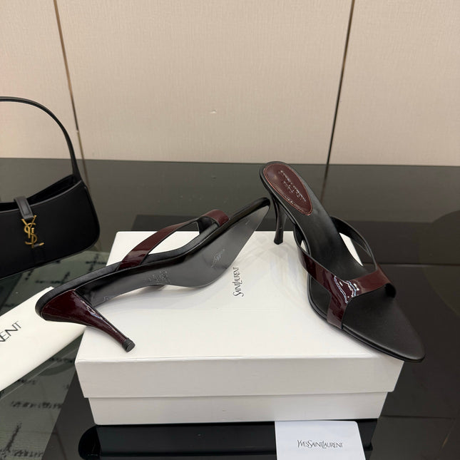 YSL 26S POINTED-TOE SANDALS 90 MM IN DARK RED AND BLACK CALFSKIN
