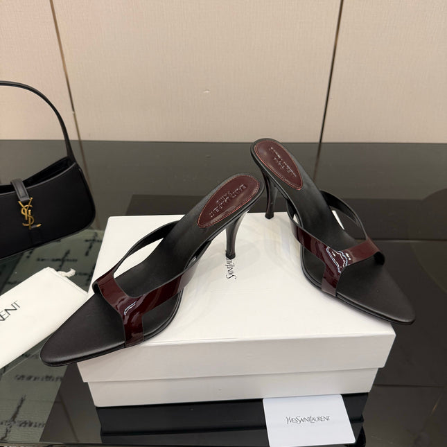 YSL 26S POINTED-TOE SANDALS 90 MM IN DARK RED AND BLACK CALFSKIN