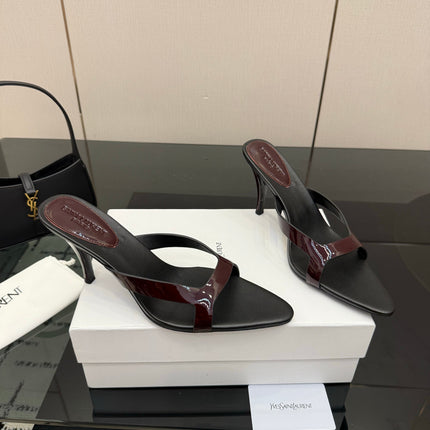 YSL 26S POINTED-TOE SANDALS 90 MM IN DARK RED AND BLACK CALFSKIN