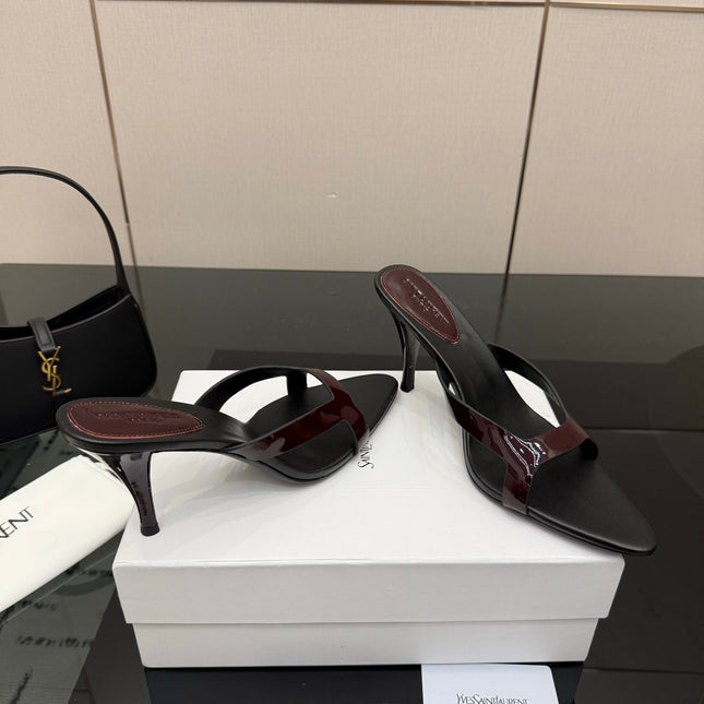 YSL 26S POINTED-TOE SANDALS 90 MM IN DARK RED AND BLACK CALFSKIN