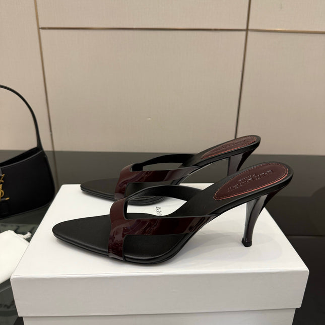 YSL 26S POINTED-TOE SANDALS 90 MM IN DARK RED AND BLACK CALFSKIN