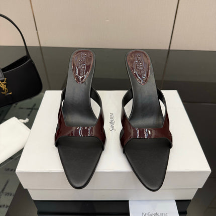 YSL 26S POINTED-TOE SANDALS 90 MM IN DARK RED AND BLACK CALFSKIN