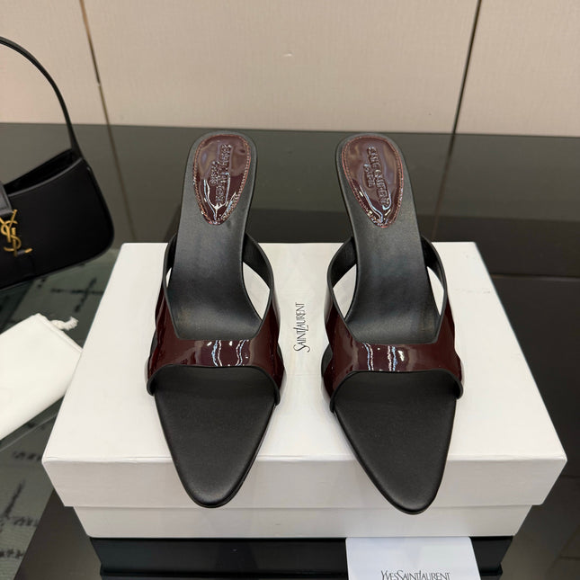 YSL 26S POINTED-TOE SANDALS 90 MM IN DARK RED AND BLACK CALFSKIN