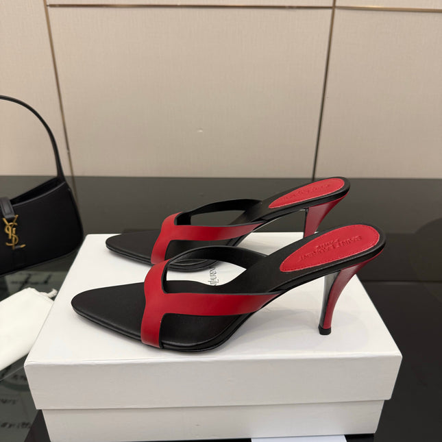YSL 26S POINTED-TOE SANDALS 90 MM IN RED AND BLACK CALFSKIN