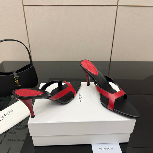 YSL 26S POINTED-TOE SANDALS 90 MM IN RED AND BLACK CALFSKIN
