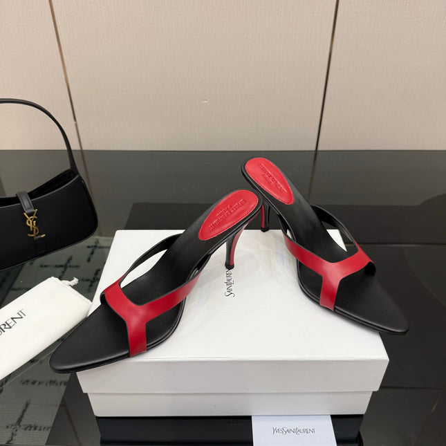 YSL 26S POINTED-TOE SANDALS 90 MM IN RED AND BLACK CALFSKIN