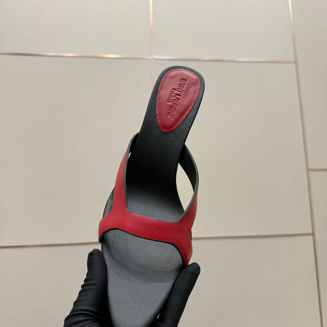YSL 26S POINTED-TOE SANDALS 90 MM IN RED AND BLACK CALFSKIN